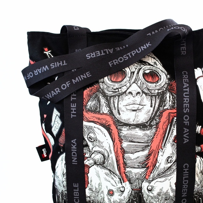 Custom Frostpunk tote bag with detailed artwork, branded straps and woven label by Mart’s Bags.