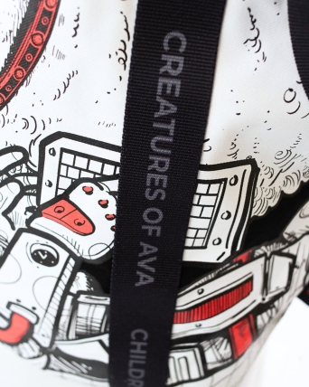 Custom promotional Frostpunk tote bag with bold character artwork, printed handles and branded label.