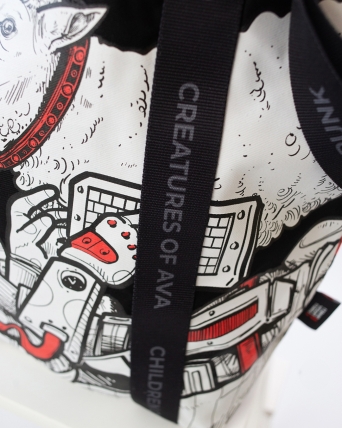 Custom Frostpunk tote bag with black straps and detailed red, black and white artwork.