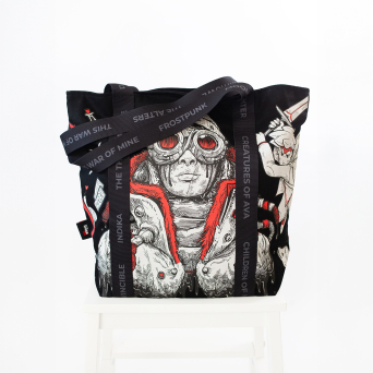 Frostpunk custom tote bag featuring character artwork, personalized straps and a branded woven label.