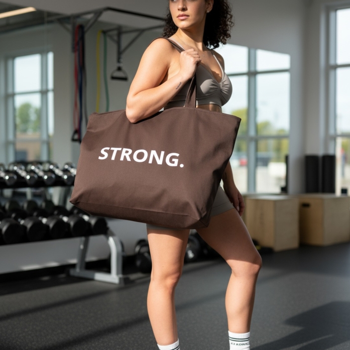 Brown STRONG. cotton tote bag with zipper and sturdy handles