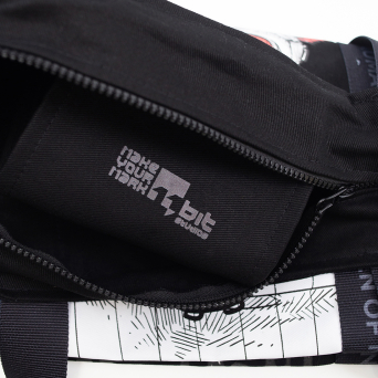 Custom black straps with Frostpunk-inspired text placed over the illustrated tote bag.