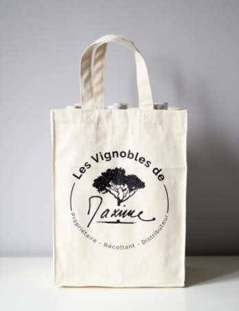 Single color black screen printing on wine bag.