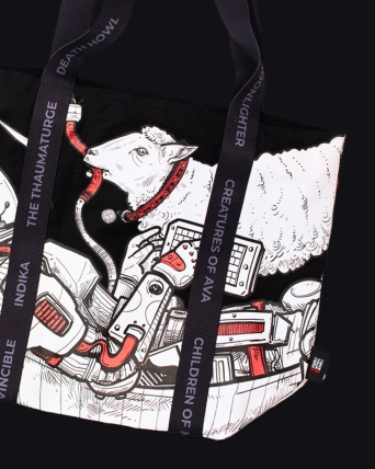 Close-up of a custom Frostpunk tote bag with detailed artwork, branded strap and 11 bit studios label.