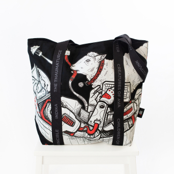 Close-up of detailed red, black and white artwork printed on a custom Frostpunk tote bag.